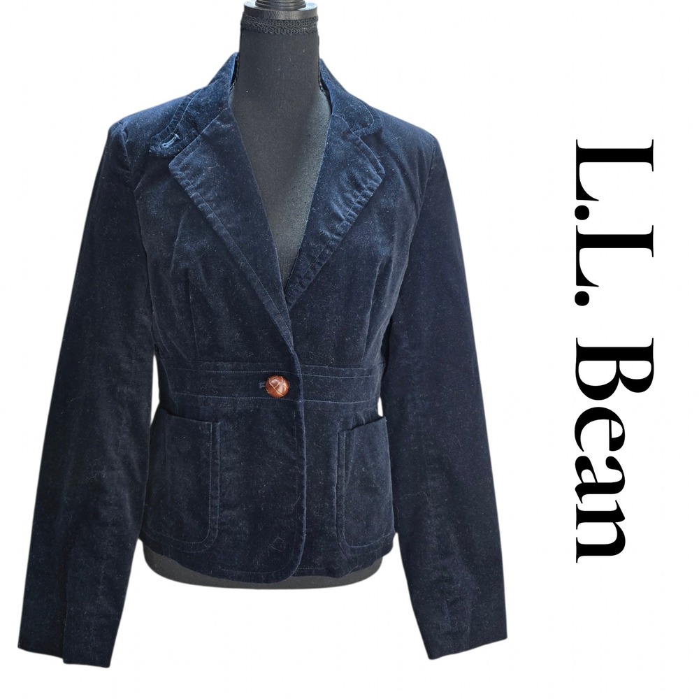 LL Bean Velvet Blazer Women 10 Navy Blue Cotton Stretch Jacket Dog Detail Preppy